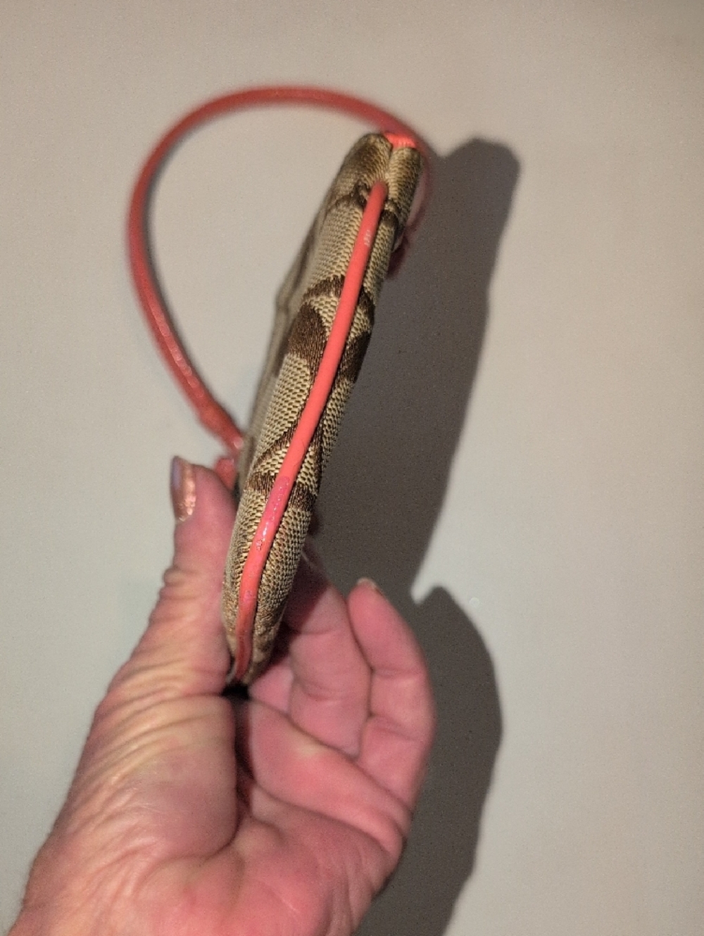 Coach Brown Signature Canvas Wristlet with Coral Trim - Picture 6 of 7